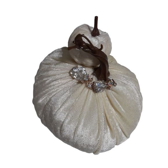 Ivory velvet cloth stuffed Pumpkin Decoration for Autumn/ Fall 7×6in. - Picture 4 of 4